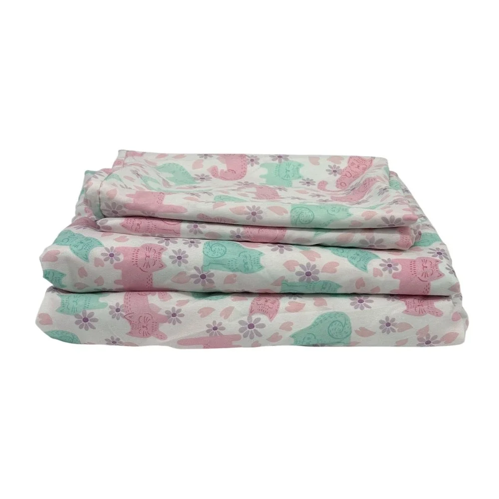 Kute Kids Sheet Set Pink Teal Cat Print Full 4pc